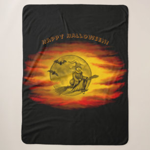 Couverture Sherpa Sorcière volante avec chat noir, nuit halloween