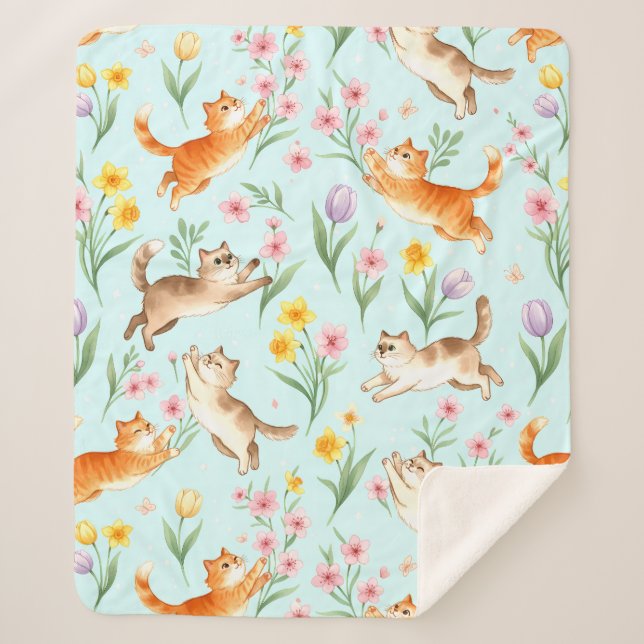 Couverture Sherpa Spring Garden Romp – Playful Cats & Blossoms (Devant)