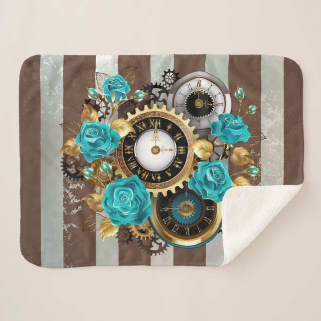 Couverture Sherpa Steampunk Clock and Turquoise Roses on Striped (Devant (Horizontal))