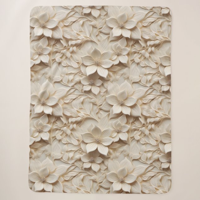 Couverture Sherpa Style 3D élégant Embossé relief floral blanc (Devant)