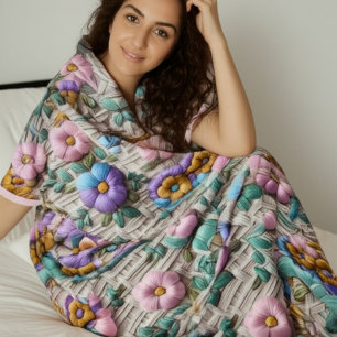 Couverture Sherpa Style Floral Brodé Doux et Confortable