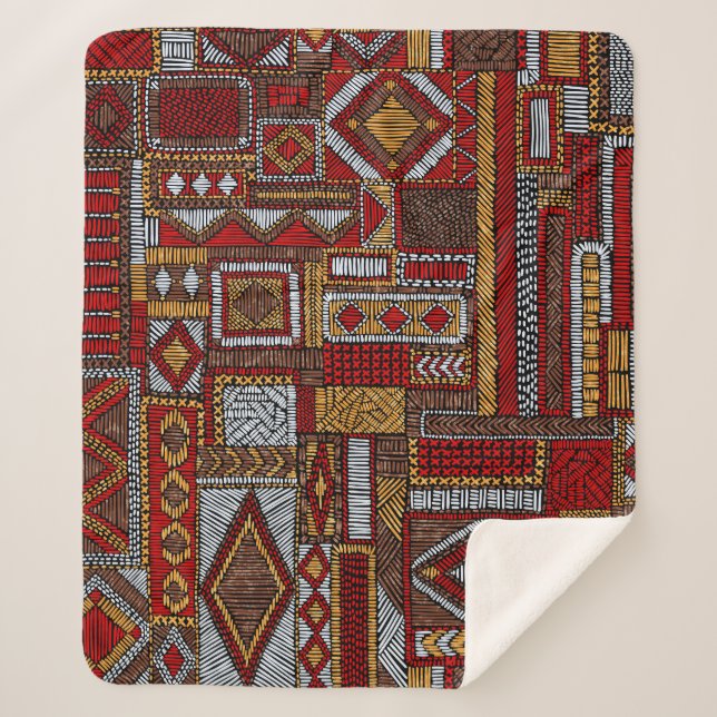 Couverture Sherpa Style Patchwork Impression ethnique brodée (Devant)