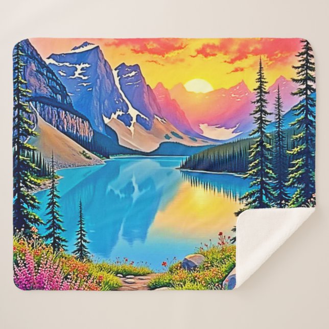 Couverture Sherpa Sunset Mountain Lake Majesty Art (Devant (Horizontal))