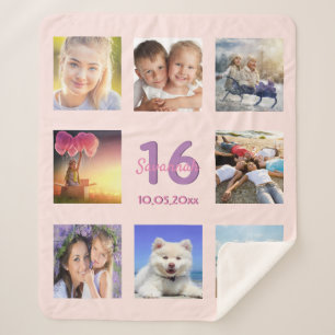 Couverture Sherpa Sweet 16 blush rose or nom photo collage