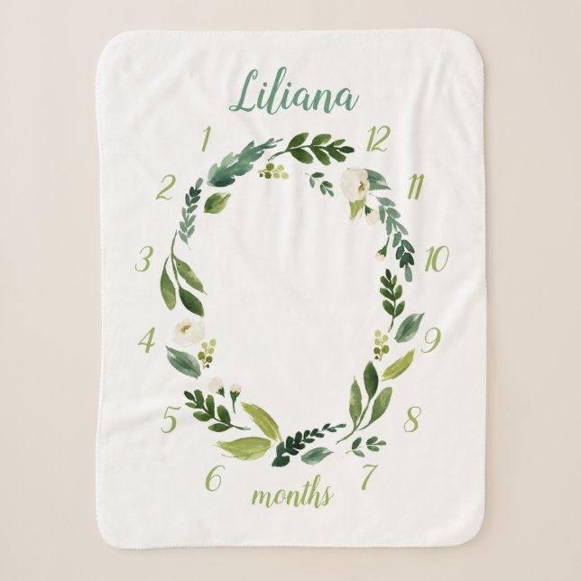 Couverture Sherpa Sweet Greenery Baby Name Monthly Milestone Photo (Devant)