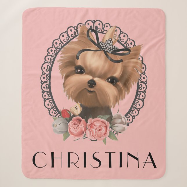 Couverture Sherpa Sweet Yorkie Puppy Rose Floral Girl (Devant)