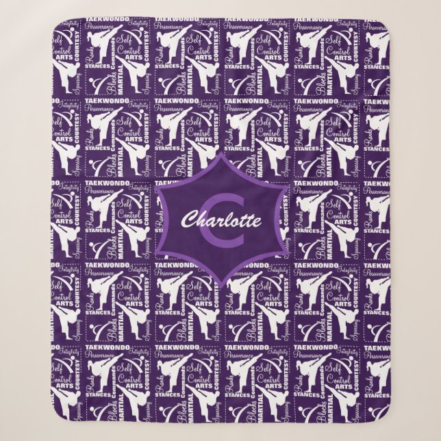 Couverture Sherpa Taekwondo mignonne mauve blanche fille Monogrammé (Devant)