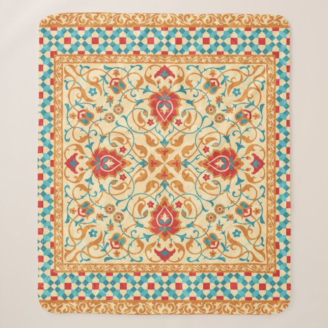 Couverture Sherpa Tapis oriental, motif fleurie ornementale. (Devant)