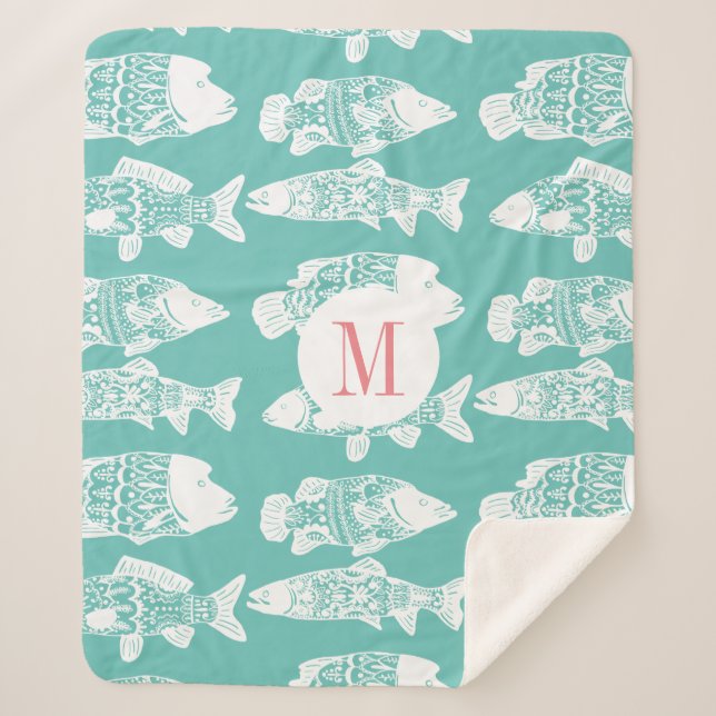 Couverture Sherpa Tendance Côtier Blanc Floral Poisson & Vert Mer (Devant)