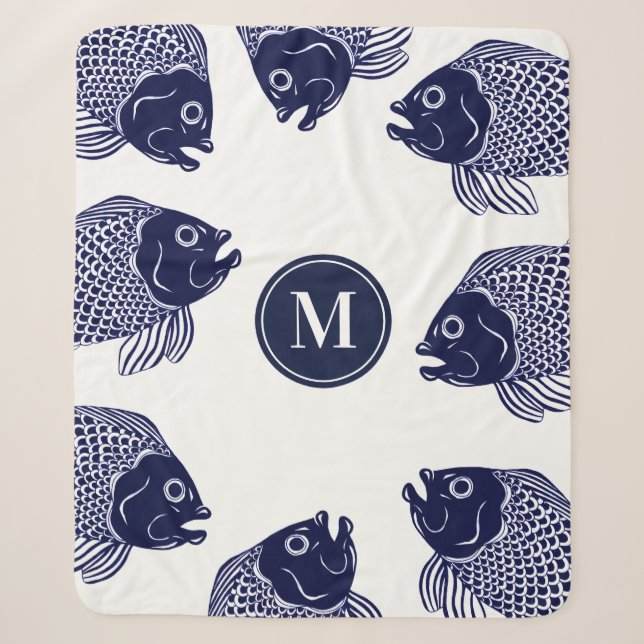 Couverture Sherpa Têtes de poisson bleu marine | Monogramme (Devant)