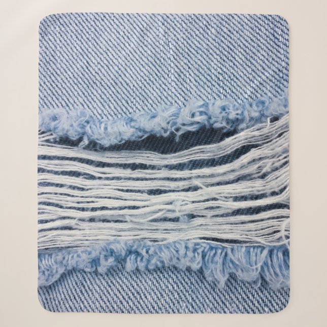 Couverture Sherpa Texture Jeans bleu clair déchirée. (Devant)