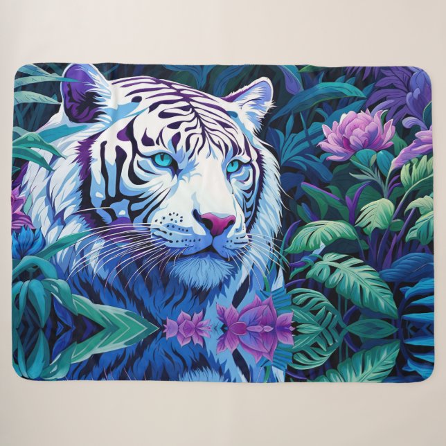 Couverture Sherpa Tigre blanc en fleurs violettes (Devant (Horizontal))