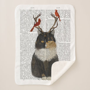 Couverture Sherpa Tortoiseshell Cat with Antlers and Red Birds