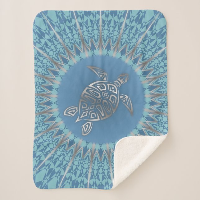 Couverture Sherpa Tortue Bleue Argent Et Mandala (Devant)