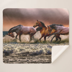 Couverture Sherpa Trio Cheval Courir Dans Surf Océanique au coucher 