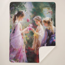 Trois filles jouant dans un jardin