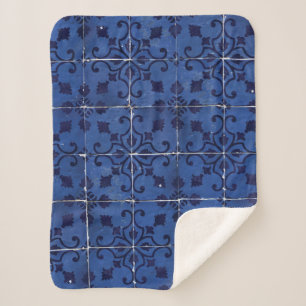 Couverture Sherpa Tuiles portugaises - Azulejo Blue Floral Leaf Desi