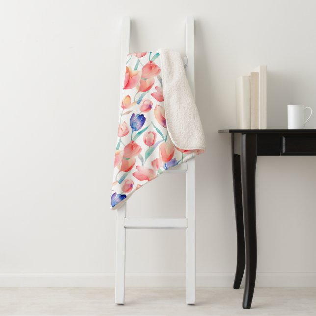 Couverture Sherpa Tulipes d'aquarelle Motif Sherpa Blanket (En situation)