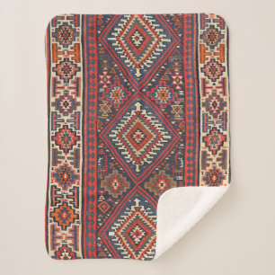 Couverture Sherpa Turquie Kilim Aztec Rouge Bleu Tan 