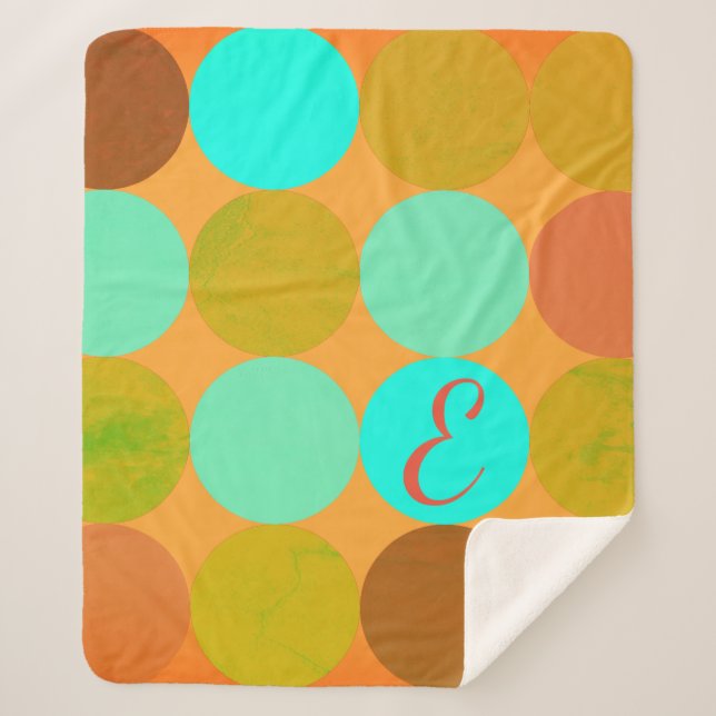 Couverture Sherpa Turquoise Bleu Vert & Cercles Orange Monogramme (Devant)