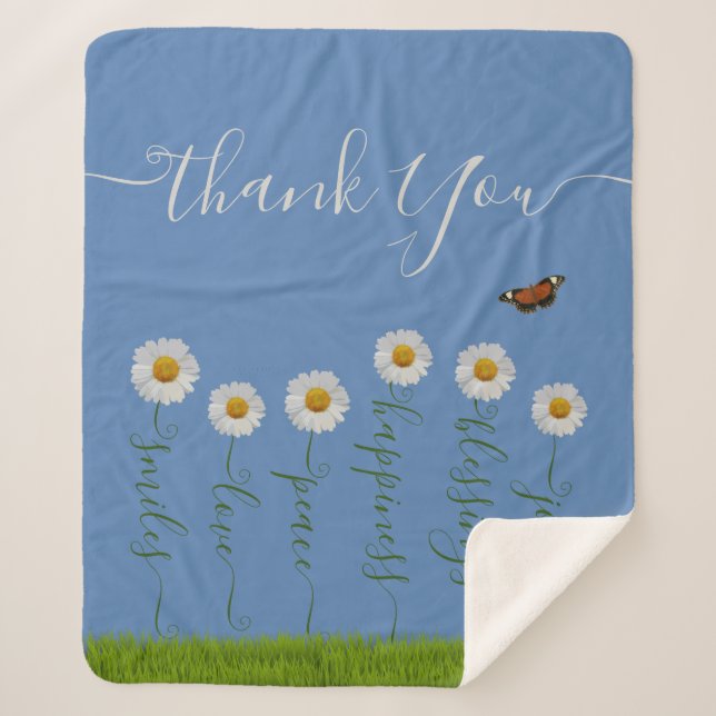 Couverture Sherpa Typographie moderne de Merci Floral Blue Daisy (Devant)