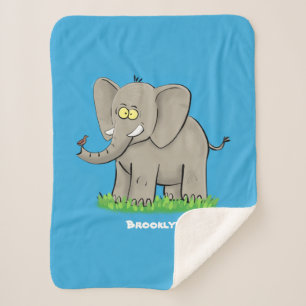 Couverture Sherpa Un joli éléphant drôle avec un oiseau sur le tronc
