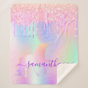 Couverture Sherpa Unicorn rose gouttes holographique nom script