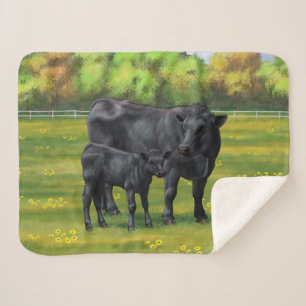 Couverture Sherpa Vache d'Angus noir et veau mou en pâturage d'été