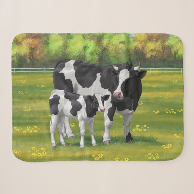 Couverture Sherpa Vache Holstein et veau mignon en pâturage d'été (Devant (Horizontal))