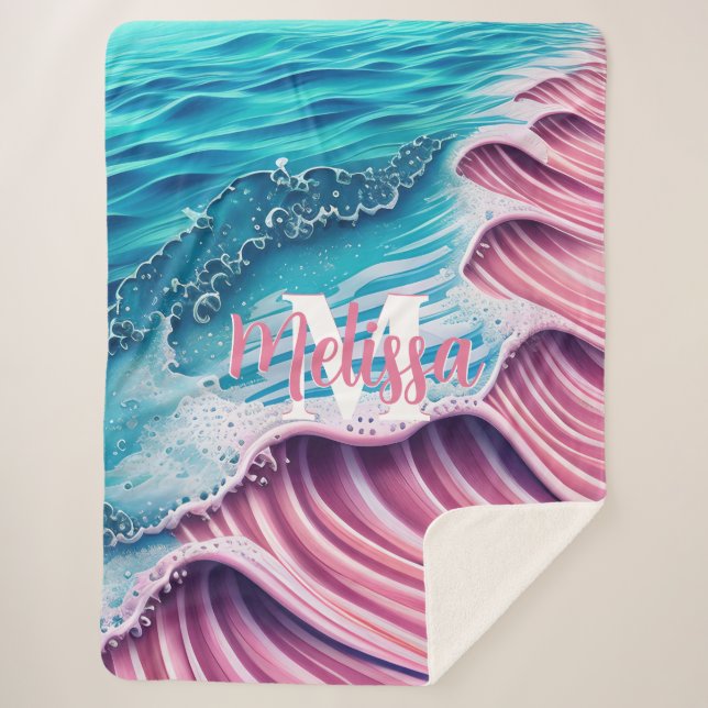 Couverture Sherpa Vague rose s'écrasant sur le rivage Monogramme (Devant)