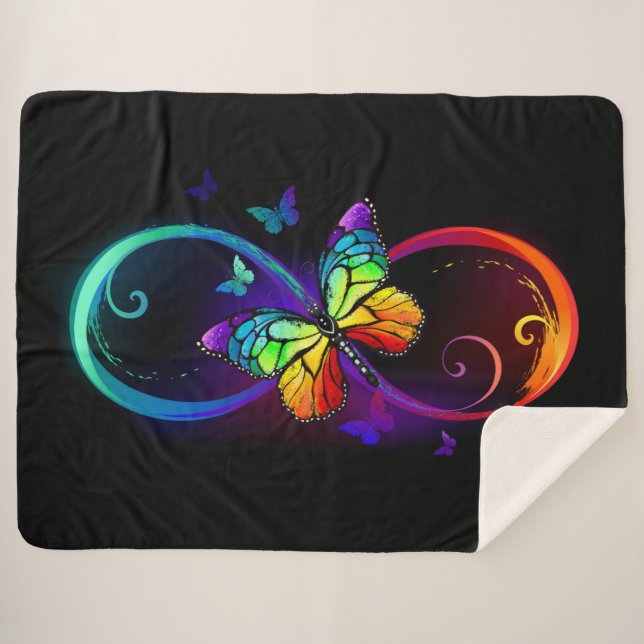 Couverture Sherpa Vibrant infinity with rainbow butterfly on black (Devant (Horizontal))