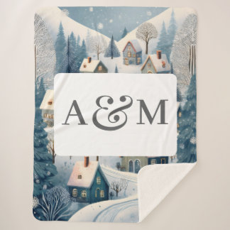 Couverture Sherpa Village d'hiver avec double monogramme
