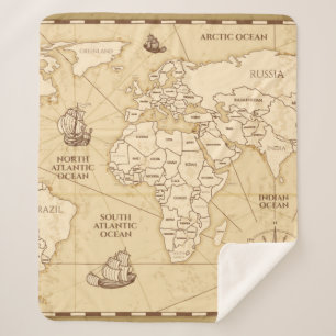 Couverture Sherpa Vintage carte du monde antique avec frontières pay