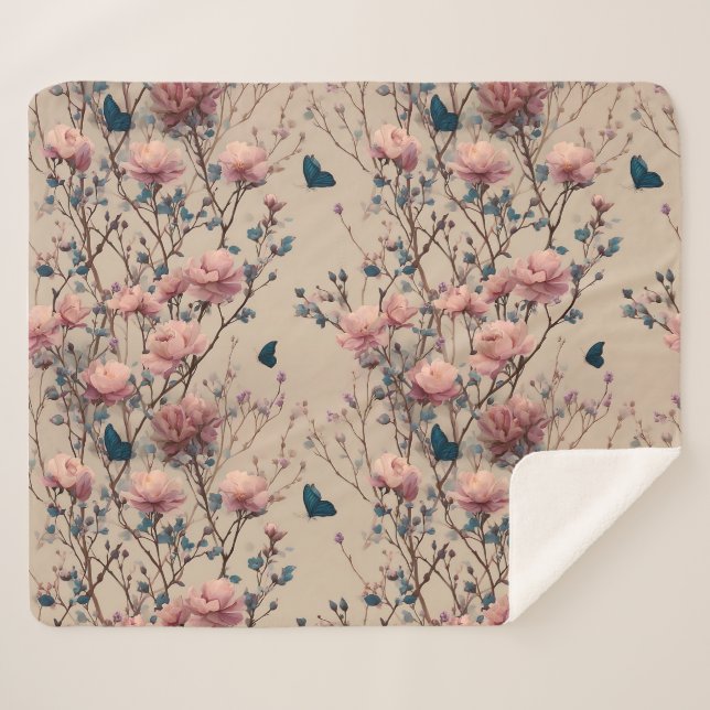 Couverture Sherpa Vintage Spring Roses with Blue Butterflies (Devant (Horizontal))