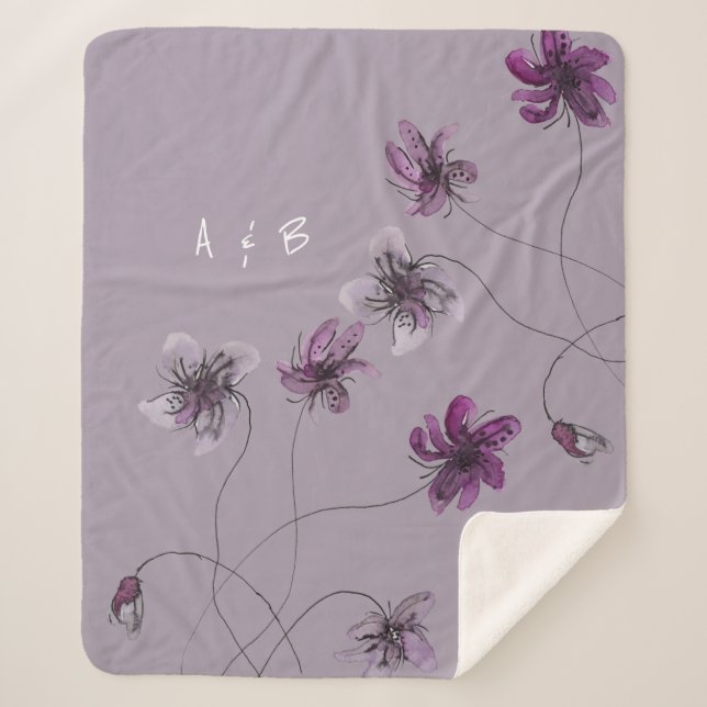 Couverture Sherpa Violets sauvages Aquarelle Monogrammé peint à la m (Devant)