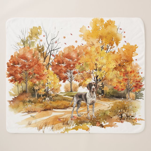 Couverture Sherpa Watercolor Fall Chien Design - Pointeur allemand (Devant (Horizontal))