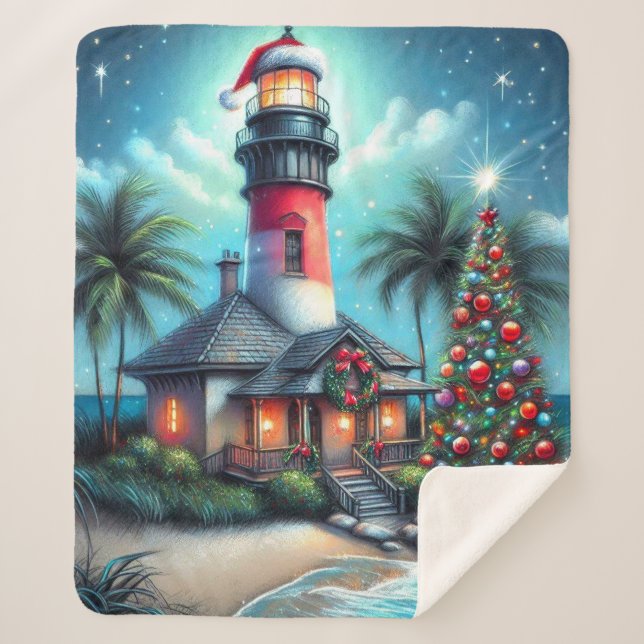 Couverture Sherpa Whimsical Tropical Christmas Lighthouse Turquoise  (Devant)