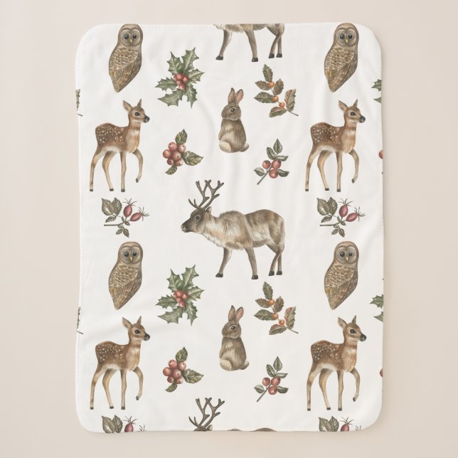 Couverture Sherpa Whimsical Woodland Forest Animaux Motif de verdure (Devant)