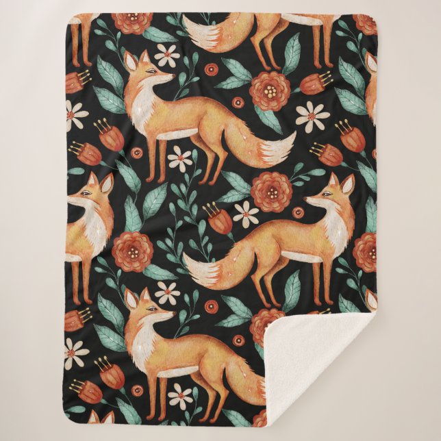 Couverture Sherpa Whimsical Woodland Fox & Floral Pattern (Devant)