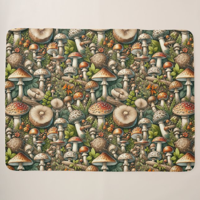 Couverture Sherpa Whispering Woods : Motif de champignons sans soudu (Devant (Horizontal))