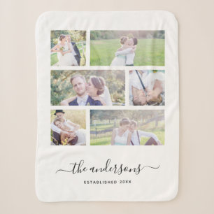 Couverture Sherpa White Six Photo Collage Nom de famille Calligraphi