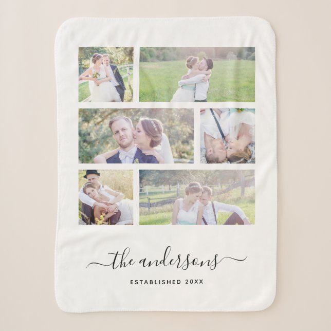 Couverture Sherpa White Six Photo Collage Nom de famille Calligraphi (Devant)