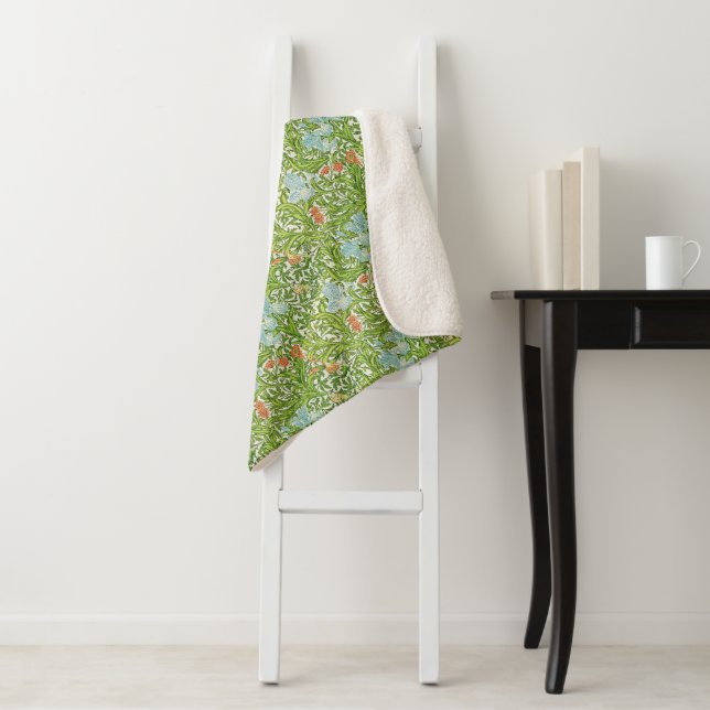 Couverture Sherpa William Morris Fleurs Vintages Floral Vert rose (En situation)