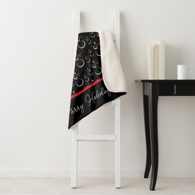 Couverture Sherpa Winter Snowman Famille Motif Joyeux vacances Noir (En situation)