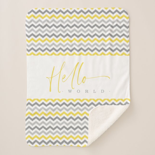 Couverture Sherpa Yellow & Grey Zig Zag Stripes Hello World Quote (Devant)