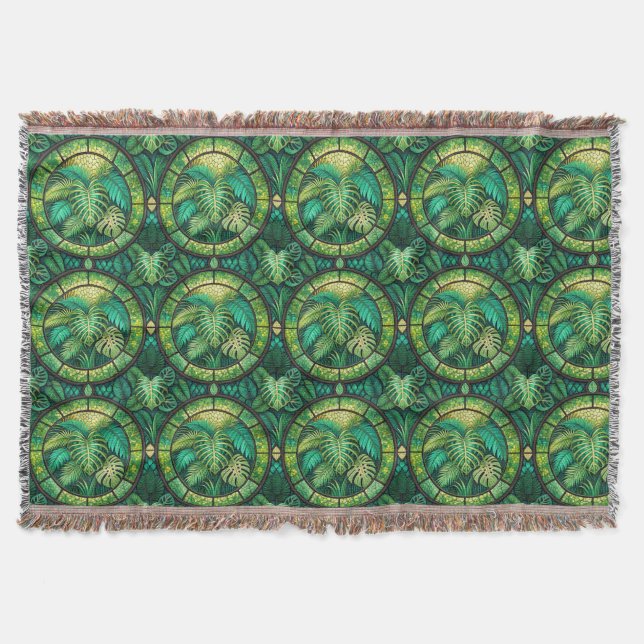 Couverture Tapestry featuring a pattern of green tropical  (Devant)