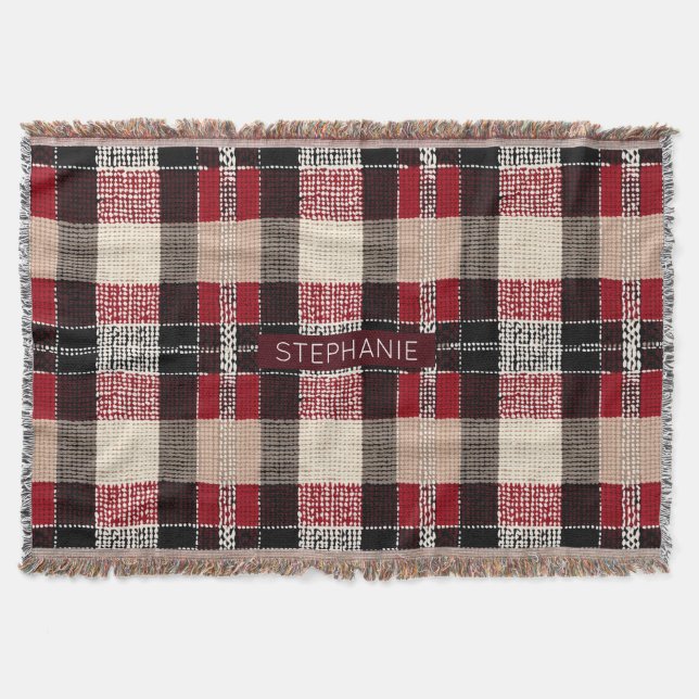 Couverture Tartan rouge classique et noir - Rustique tissé (Devant)