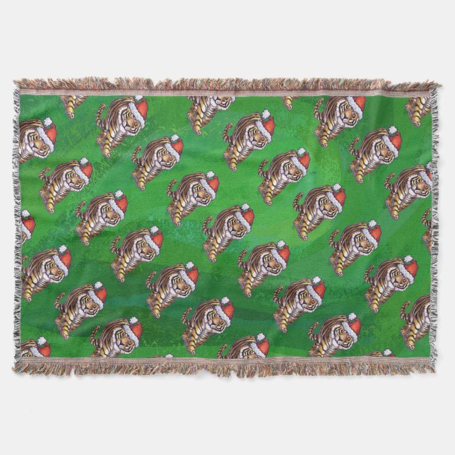 Couverture Tigre mignon à Santa Chapeau en vert (Devant)