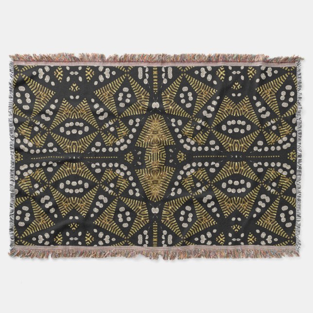 Couverture tissée géométrique tribale noire de jet (Devant)