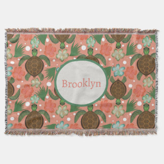 Couverture Tortue de mer et Hibiscus Corail Rose Fleurs de la